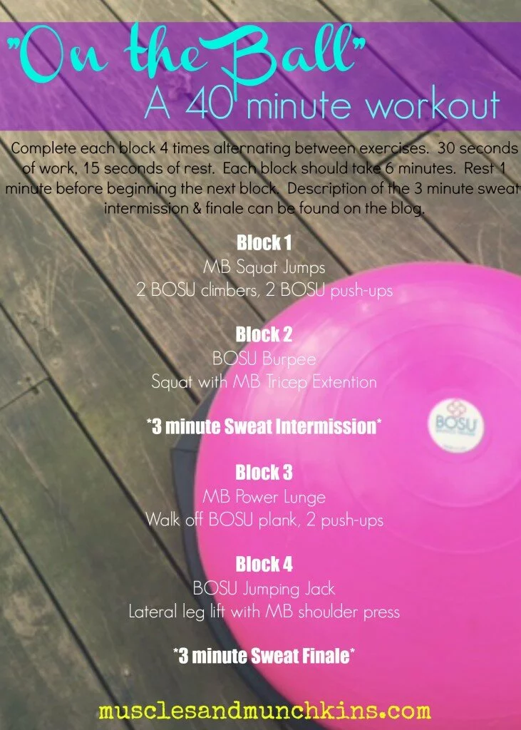 40 minutes is all you need for this workout that uses a BOSU ball and medicine ball. No BOSU? No problem. You can do everything without the BOSU and a set of dumbbells instead of a medicine ball. This awesome workout combines cardio and strength and will get you sweating in no time.