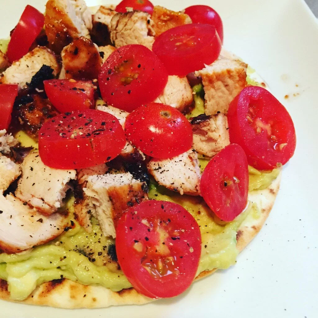 My favorite summertime lunch (although it's still winter) . I am just channeling my inner sunshine. Avocado, tomato and chicken on top of a grilled tortilla- yum. Quick and easy lunch. 